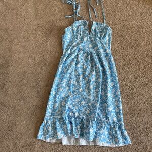 Blue Floral Tie-Strap Cottagecore Ruffle Hem Dress S/M